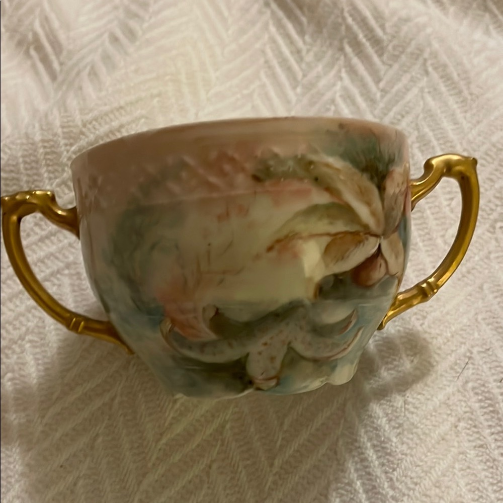 Limoges Floral Double-Handled Cup - Gold and Cream